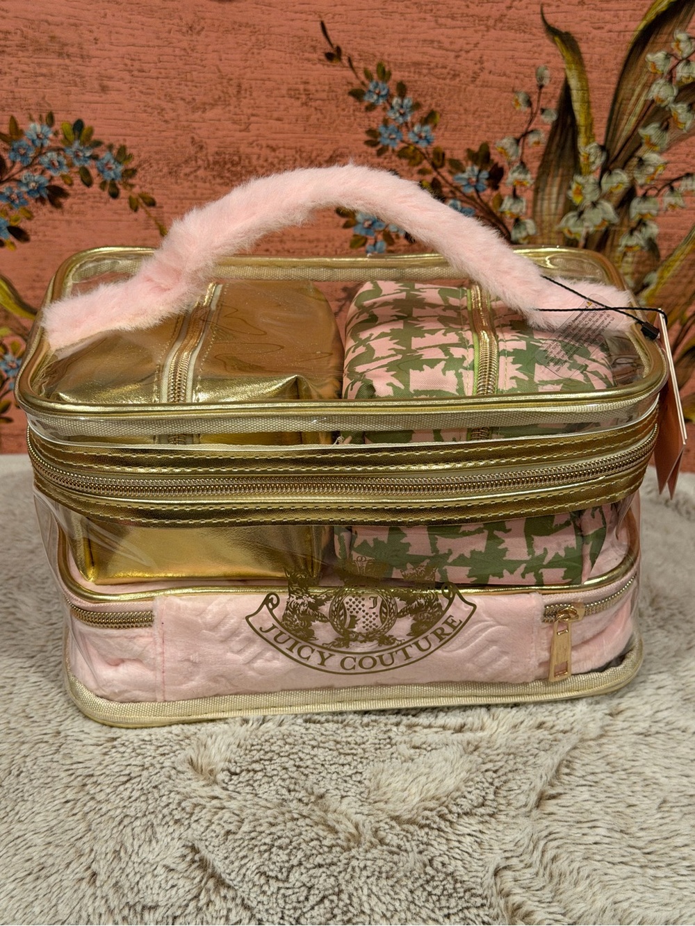 5 piece Juicy Couture Pink & Gold Clear Travel Cosmetic Bag Set